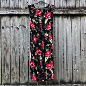 Tiki Palm Floral Hawaiian Midi Dress Hibiscus Red Black Button Front Rayon XL